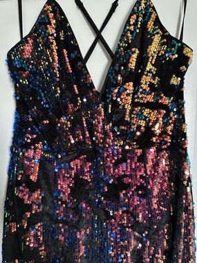 Black Sequin Maxi Dress with Multicolor Iridescent Accents